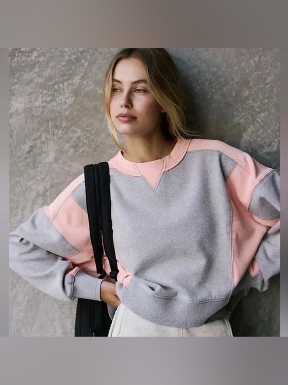 Free People FP Movement Womens Medium Intercept Crewneck Sweater Gray Coral
